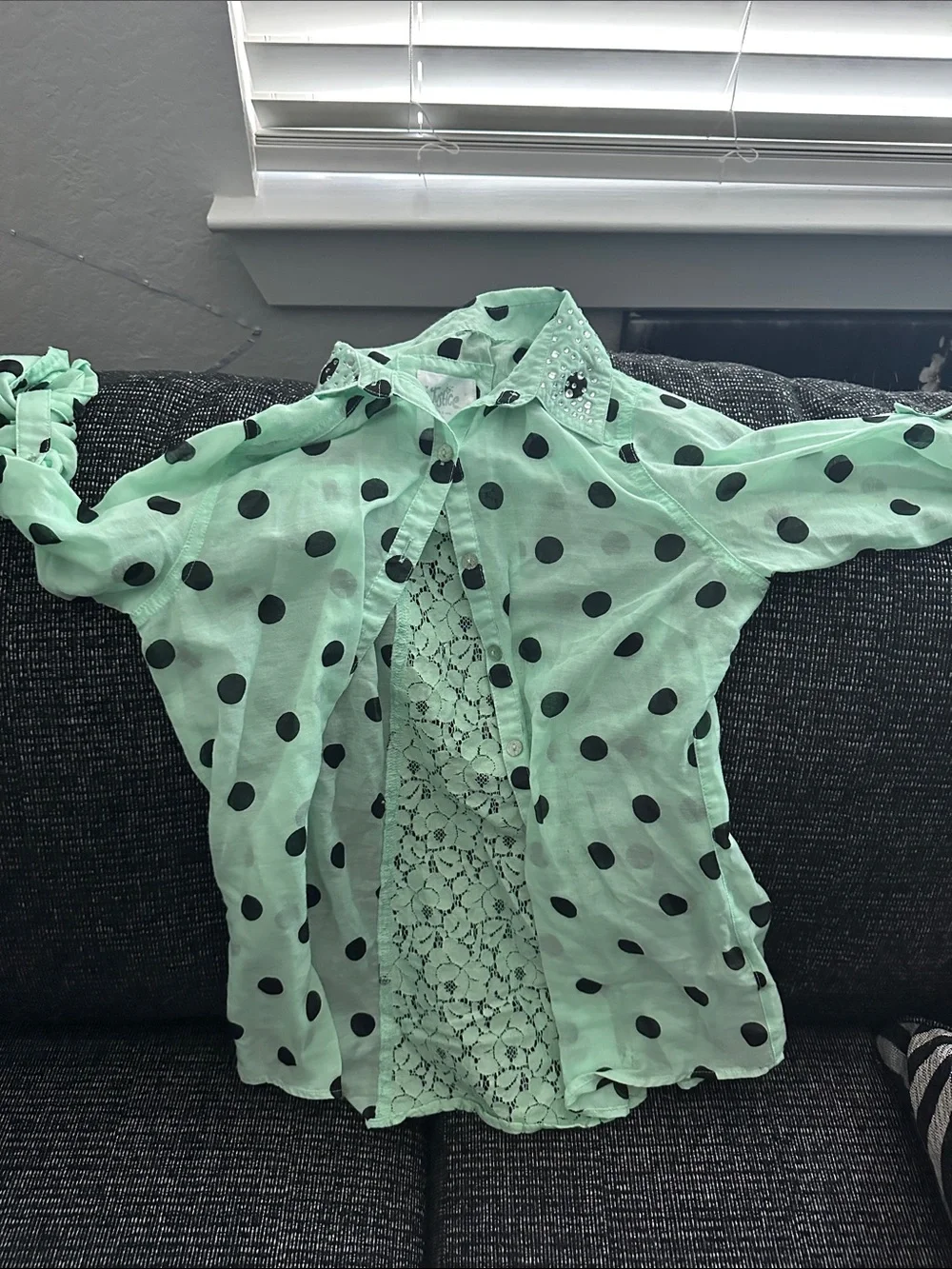 Justice Mint Green Polka Dot Button-Down with Lace Back